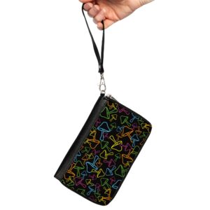 Buckle-Down Wallet, Zip Around, Mushroom Outlines Scattered Black Multi Neon, Vegan Leather