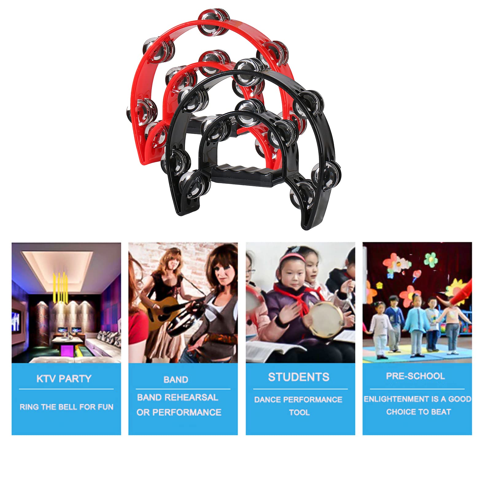 2-Pack Double Row Tambourine,10" Hand Held Percussion Drum with 20 Metal Jingles, Half Moon Musical Tambourine for Adult,Church, KTV, Party and Gifts (Black+Red)