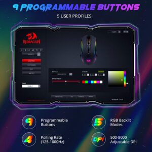 Redragon Gaming Mouse, Wired Gaming Mouse with RGB Backlit, 8000 DPI Adjustable, Mouse with 9 Programmable Macro Buttons & Fire Button, Software Supports DIY Keybinds, M910-K