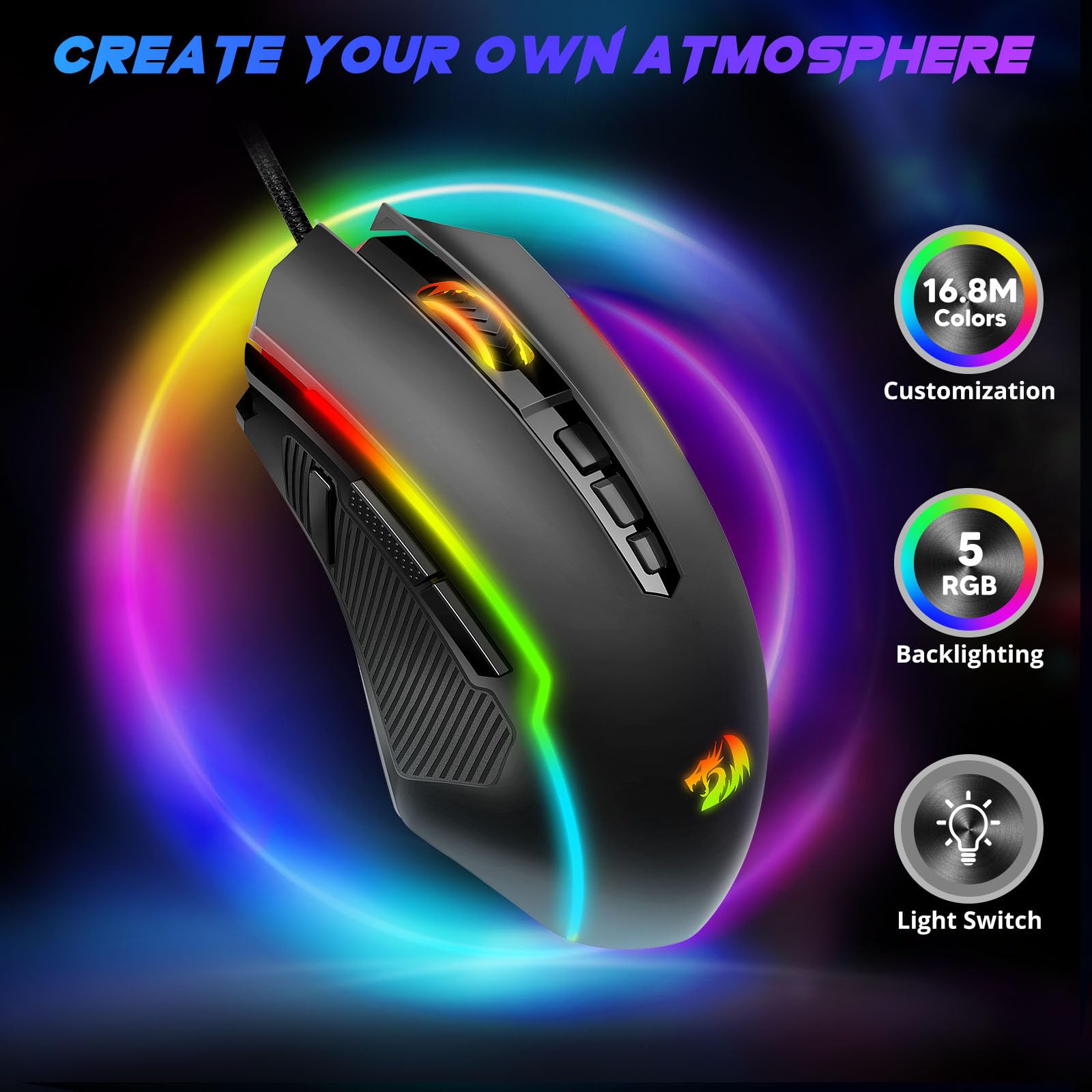 Redragon Gaming Mouse, Wired Gaming Mouse with RGB Backlit, 8000 DPI Adjustable, Mouse with 9 Programmable Macro Buttons & Fire Button, Software Supports DIY Keybinds, M910-K