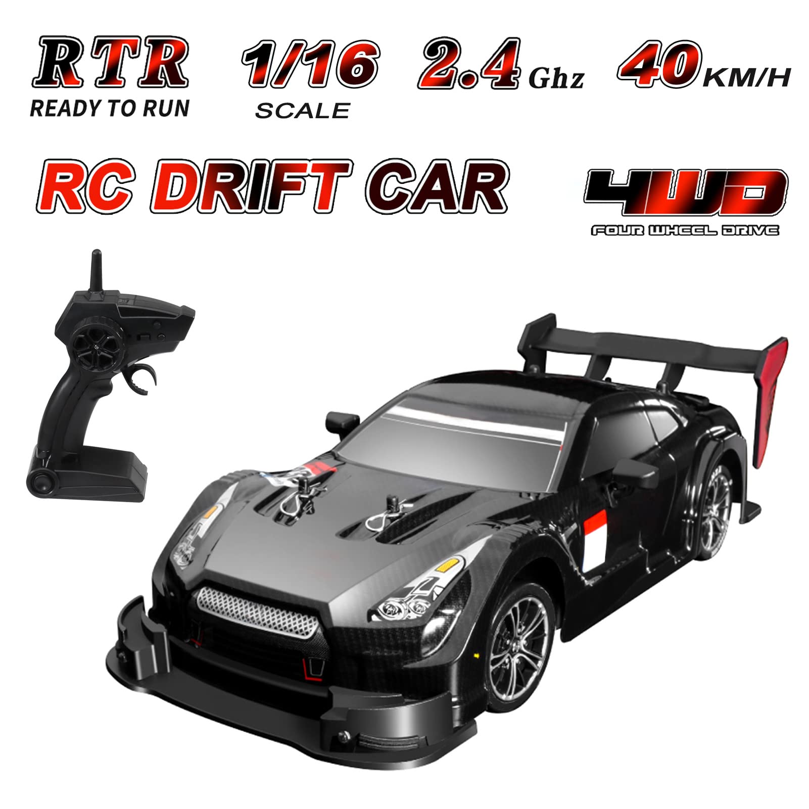 PENCHEN RC Drift Car 1/16 RC Car 2.4GHz 4WD 40km/h RC Race Car High Speed Kids Gift RTR, Black