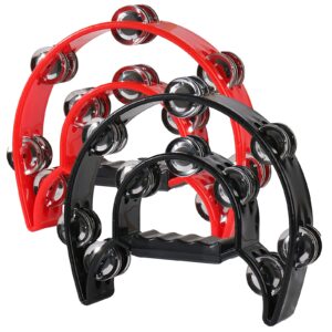 2-Pack Double Row Tambourine,10" Hand Held Percussion Drum with 20 Metal Jingles, Half Moon Musical Tambourine for Adult,Church, KTV, Party and Gifts (Black+Red)