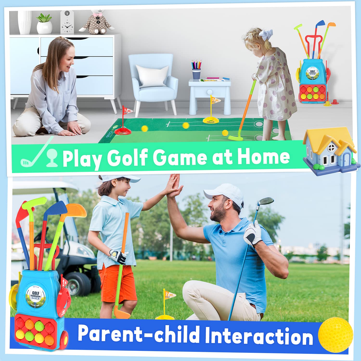 BELLOCHIDDO Toddler Golf Set - Kids Golf Clubs with 8 Balls, 4 Golf Sticks, 2 Practice Holes ＆ a Putting Mat, Indoor & Outdoor Ball Game Play Set Sport Toys Gift for 3 4 5 6+ Year Old