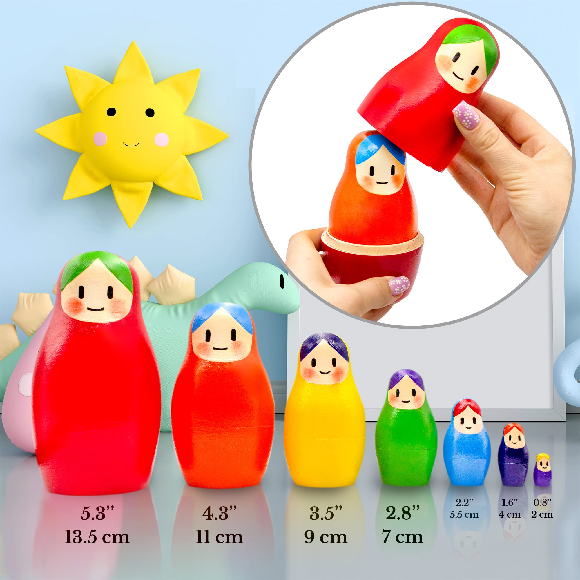 AEVVV Stacking Rainbow Nesting Dolls Set 7 pcs - Wooden Rainbow Stacking Toy - Wooden Nesting Rainbow Toys - Matryoshka Doll Rainbow Decor