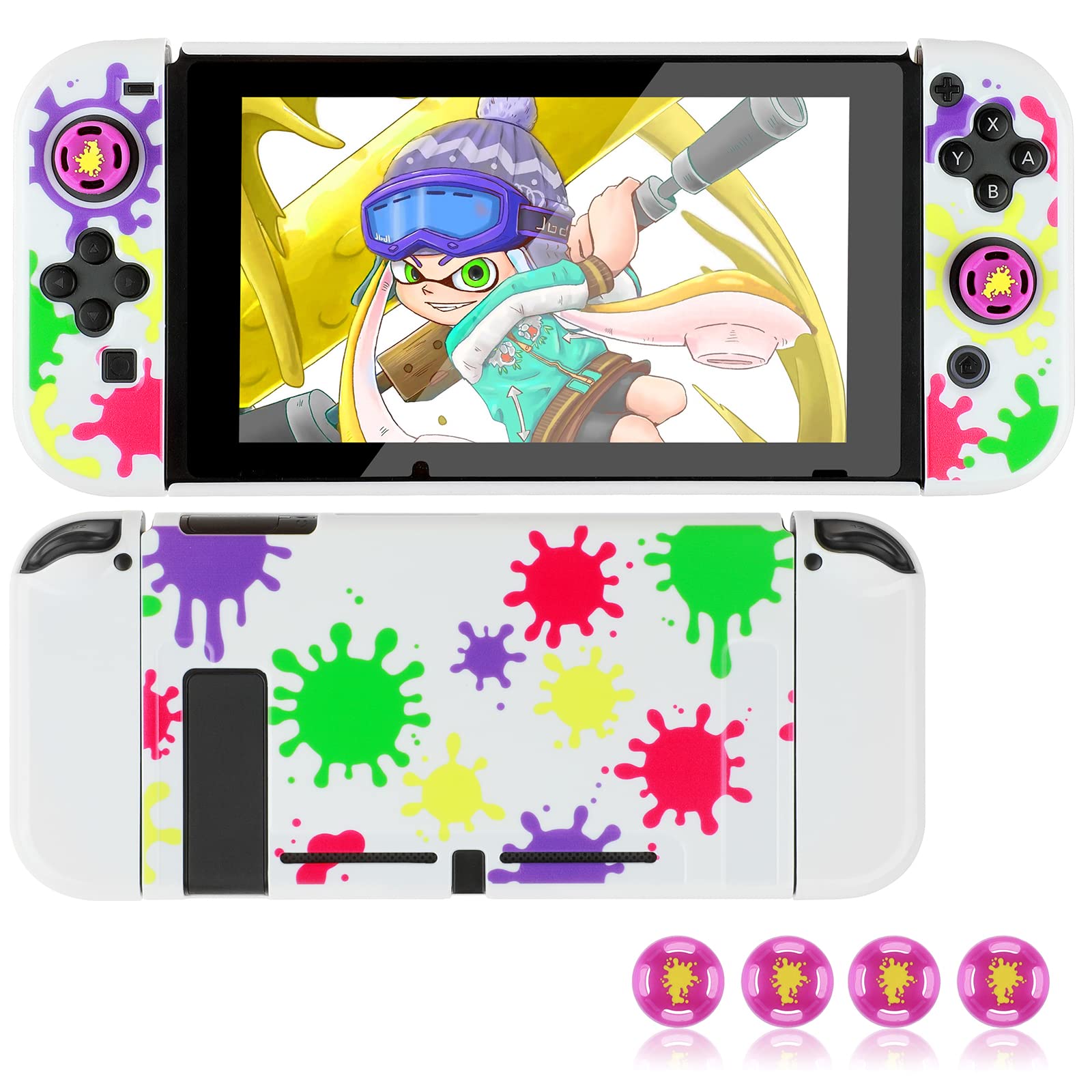 Dockable Protective Case Compatible with Switch, Hard Shell Case Cover for Switch and Joy-Con Controllers with 4 Thumb Grips,for Splatoon 3 Switch Carrying Case（Splatoon）