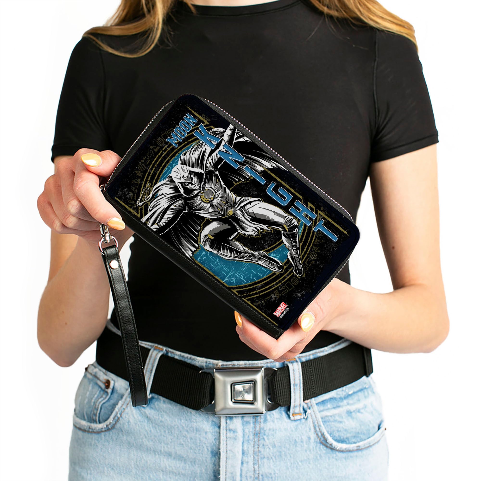 Buckle-Down Marvel Comics Wallet, Zip Around, Moon Knight Jumping Action Pose Black Blues, Vegan Leather