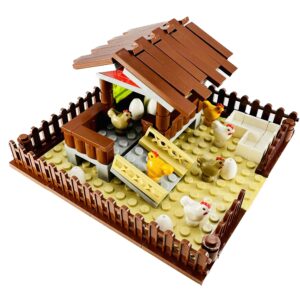 General Jim's Chicken Coop Hen House Modular Building Block Brick Set 122 Piece Set or Addition to Rural Farm Scene Set with All Accessories Shown for Teens and Adults.