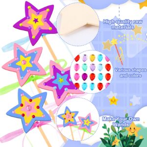 57 Pcs Star Princess Fairy Wands Kit Make Your Own Princess Wand DIY Art Craft Magical Wand Include 18 Star Wooden Fairy Wands 9 Gem Stickers 20 Ribbons 10 Markers Party Supply