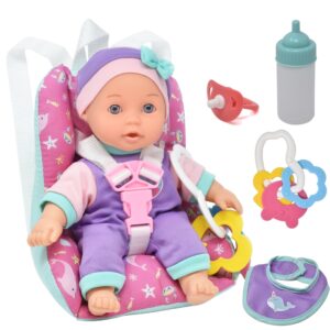 gift boutique soft body baby doll for toddlers with take along doll backpack carrier accessories, interactive 10 inch infant doll with car booster seat for girls 2 3 4 5 year old