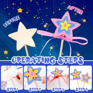 57 Pcs Star Princess Fairy Wands Kit Make Your Own Princess Wand DIY Art Craft Magical Wand Include 18 Star Wooden Fairy Wands 9 Gem Stickers 20 Ribbons 10 Markers Party Supply