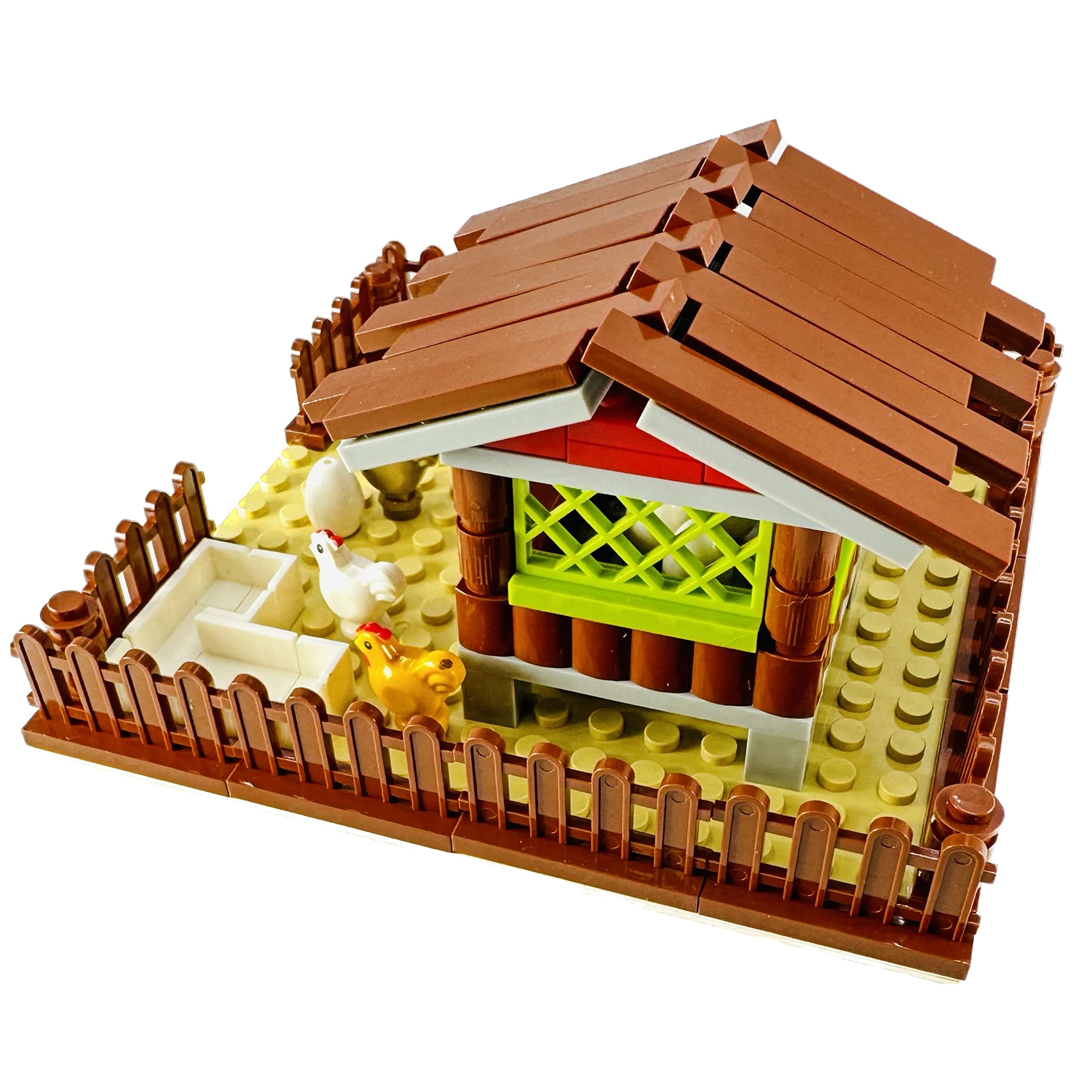 General Jim's Chicken Coop Hen House Modular Building Block Brick Set 122 Piece Set or Addition to Rural Farm Scene Set with All Accessories Shown for Teens and Adults.