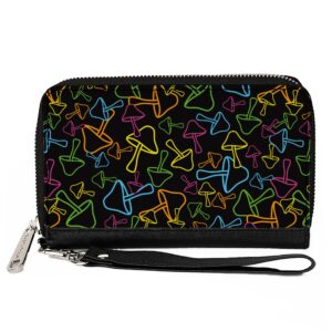 Buckle-Down Wallet, Zip Around, Mushroom Outlines Scattered Black Multi Neon, Vegan Leather