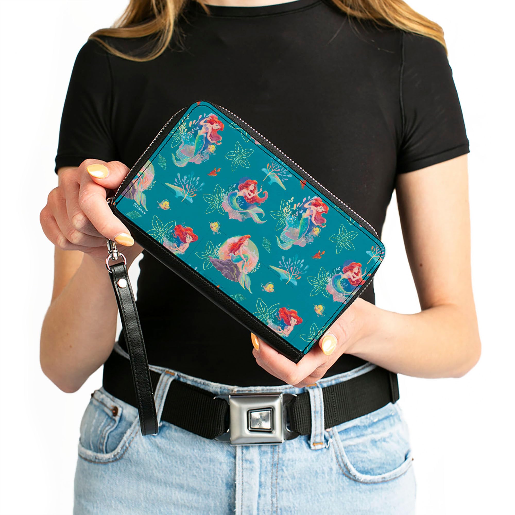 Buckle-Down Disney Wallet, Zip Around, The Little Mermaid Ariel with Flounder and Sebastian Blue, Vegan Leather