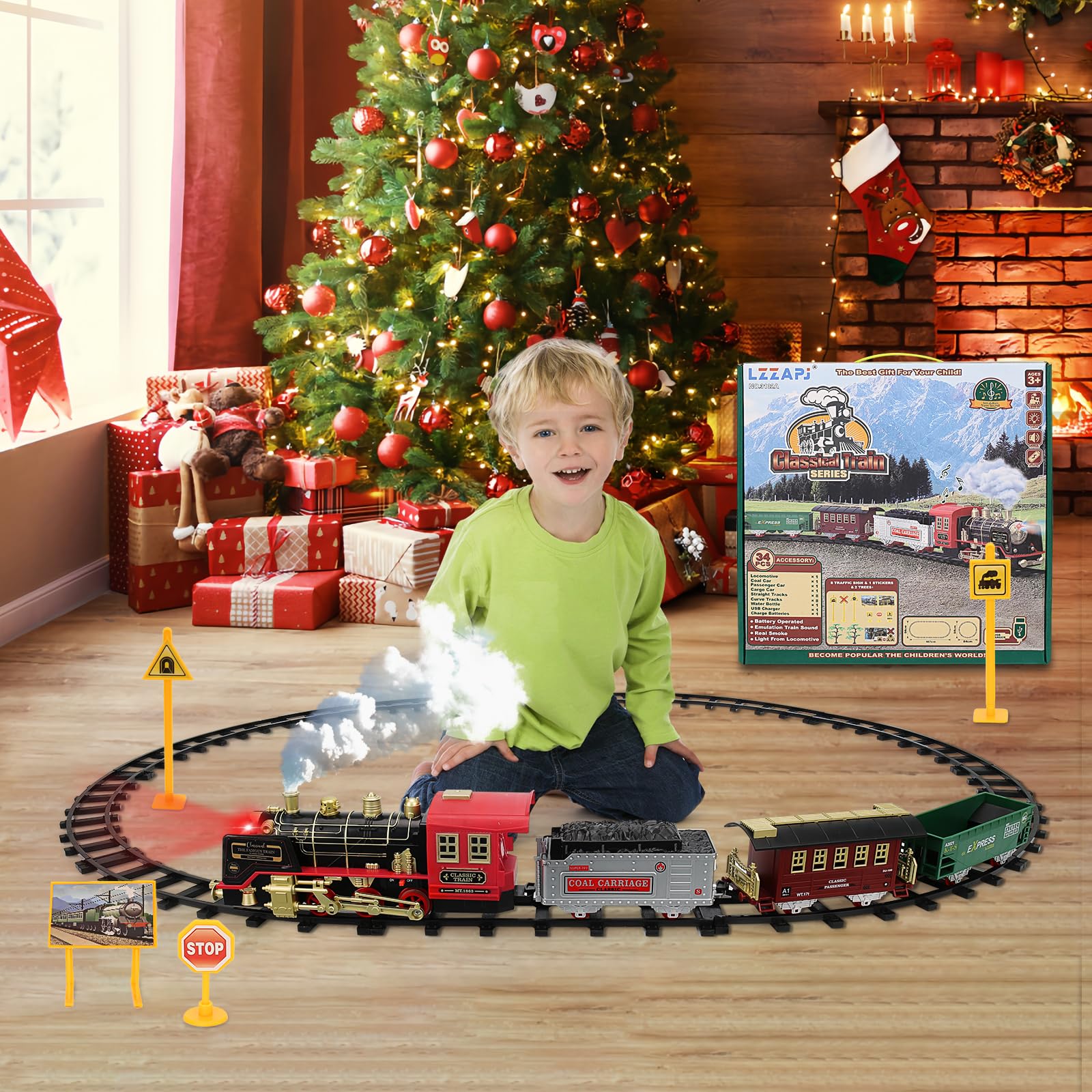 LZZAPJ Train Set for Boys 3-5,Electric Train Tracks Set for Toddlers 2-4 Year Old,Christmas Train Sets for Around The Tree with Smoke, Light & Sounds, Christmas Toy Gifts for Kids Girls Ages 4-8