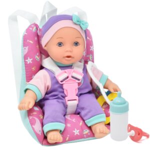 Gift Boutique Soft Body Baby Doll for Toddlers with Take Along Doll Backpack Carrier Accessories, Interactive 10 Inch Infant Doll with Car Booster Seat for Girls 2 3 4 5 Year Old