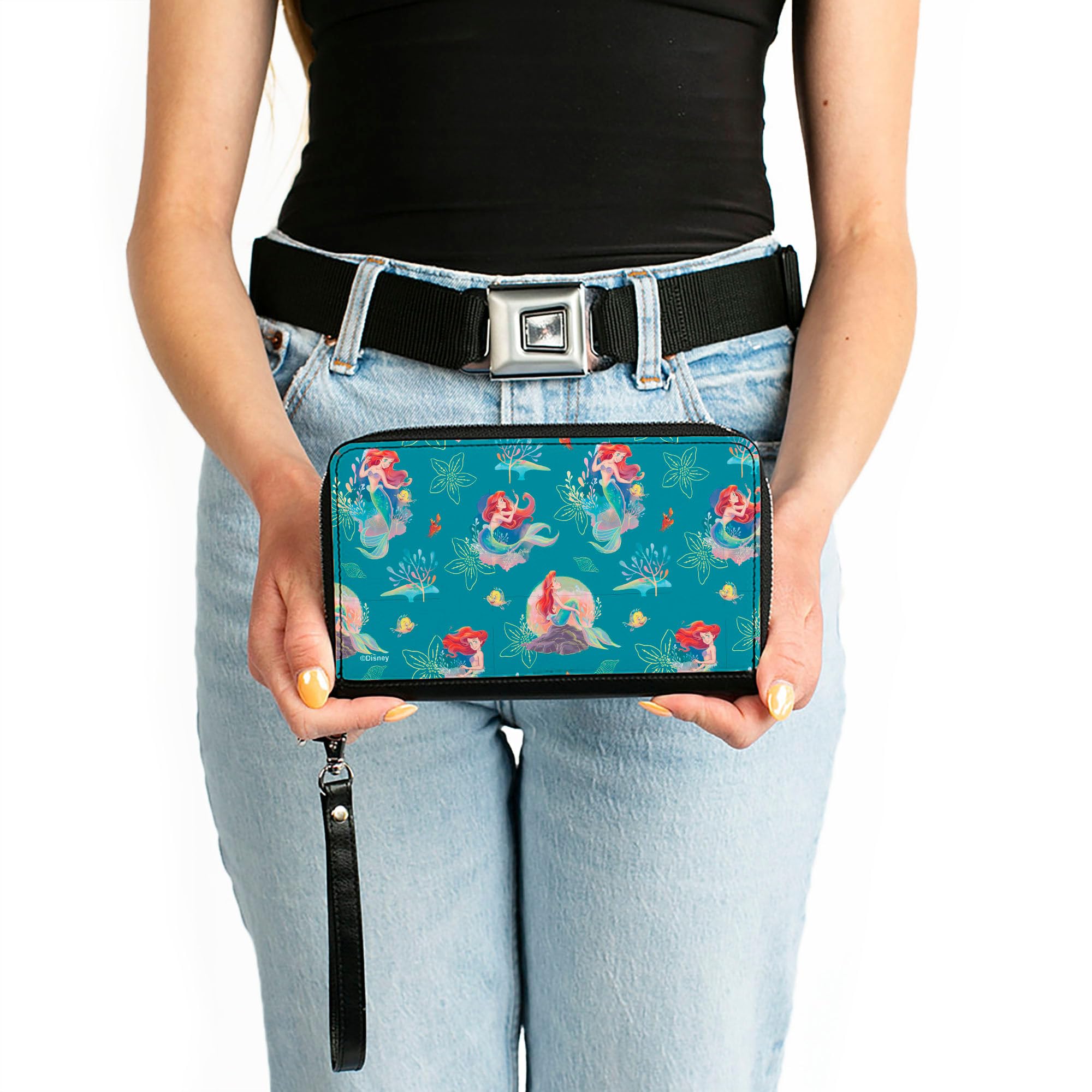 Buckle-Down Disney Wallet, Zip Around, The Little Mermaid Ariel with Flounder and Sebastian Blue, Vegan Leather