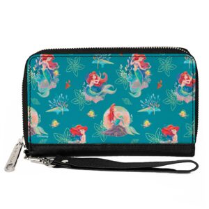 buckle-down disney wallet, zip around, the little mermaid ariel with flounder and sebastian blue, vegan leather