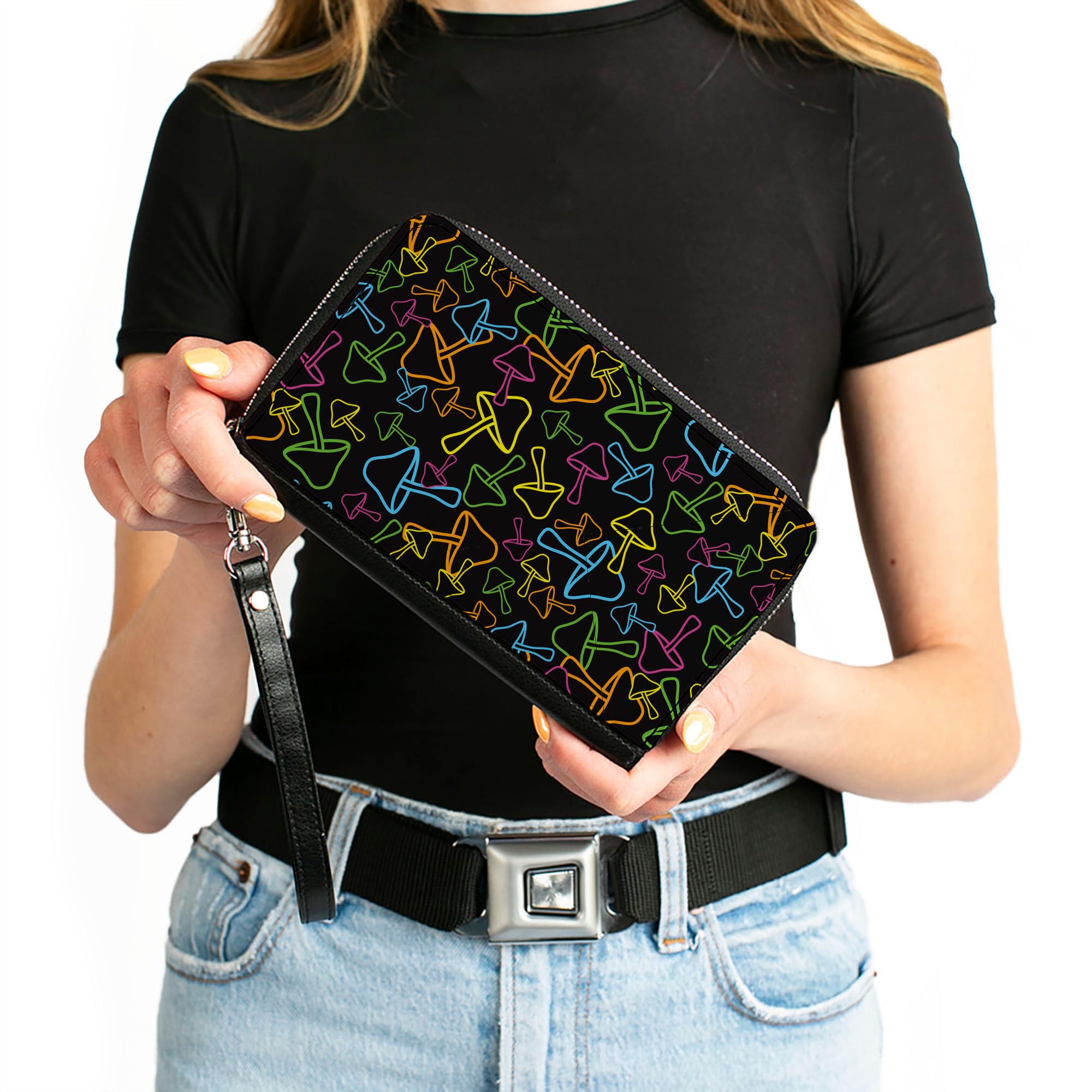 Buckle-Down Wallet, Zip Around, Mushroom Outlines Scattered Black Multi Neon, Vegan Leather