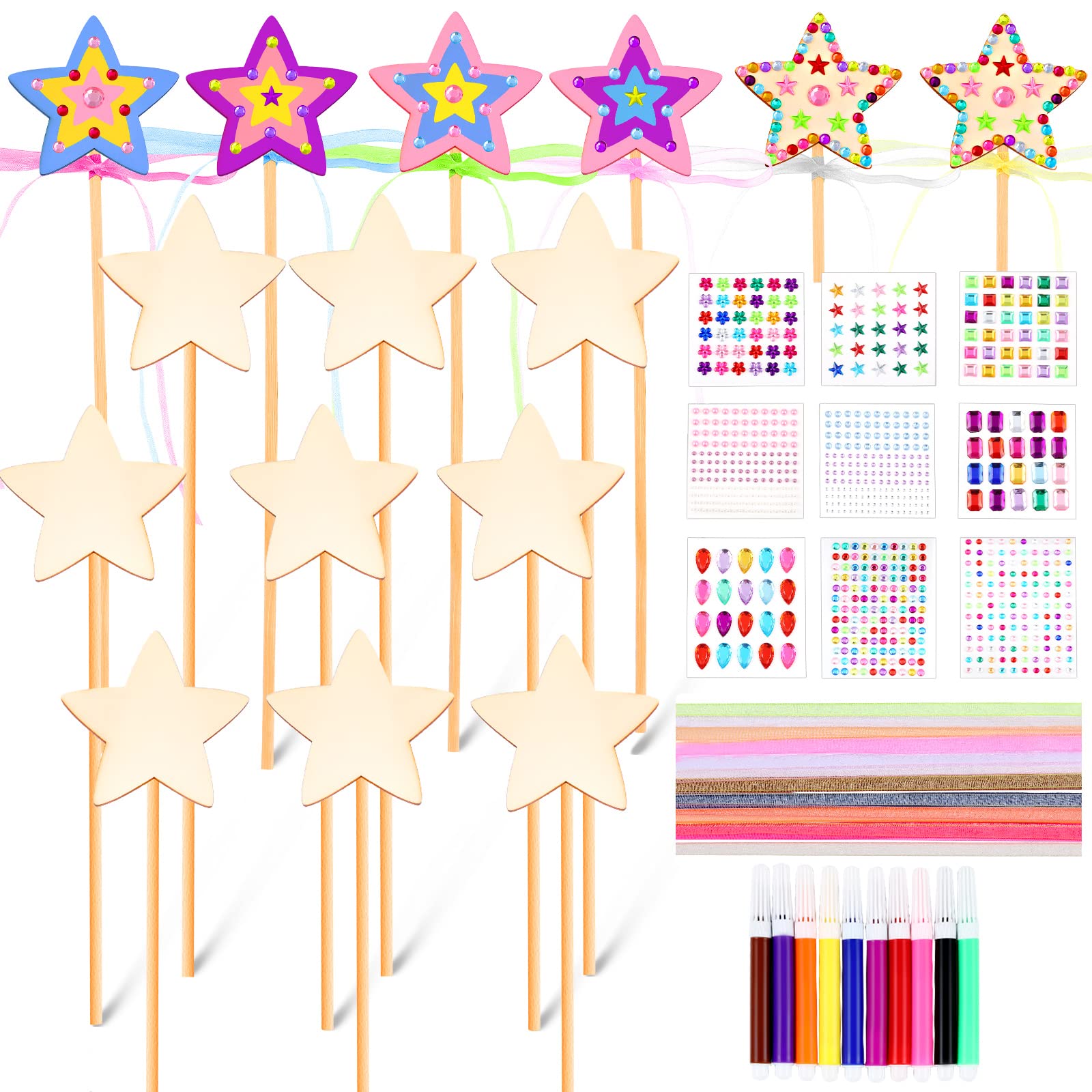 57 Pcs Star Princess Fairy Wands Kit Make Your Own Princess Wand DIY Art Craft Magical Wand Include 18 Star Wooden Fairy Wands 9 Gem Stickers 20 Ribbons 10 Markers Party Supply