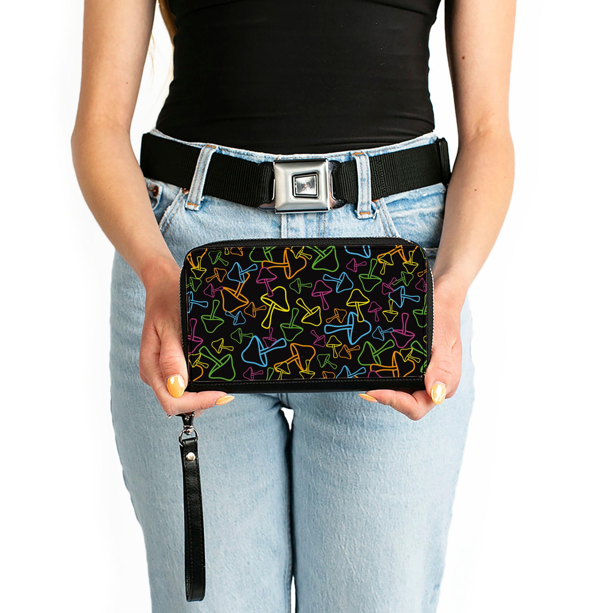 Buckle-Down Wallet, Zip Around, Mushroom Outlines Scattered Black Multi Neon, Vegan Leather