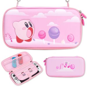 belugadesign pink puff ball case | cute kawaii anime smash pink carry travel | shoulder wrist straps accessory set stores 9 game cards | compatible with nintendo switch standard lite oled (case only)