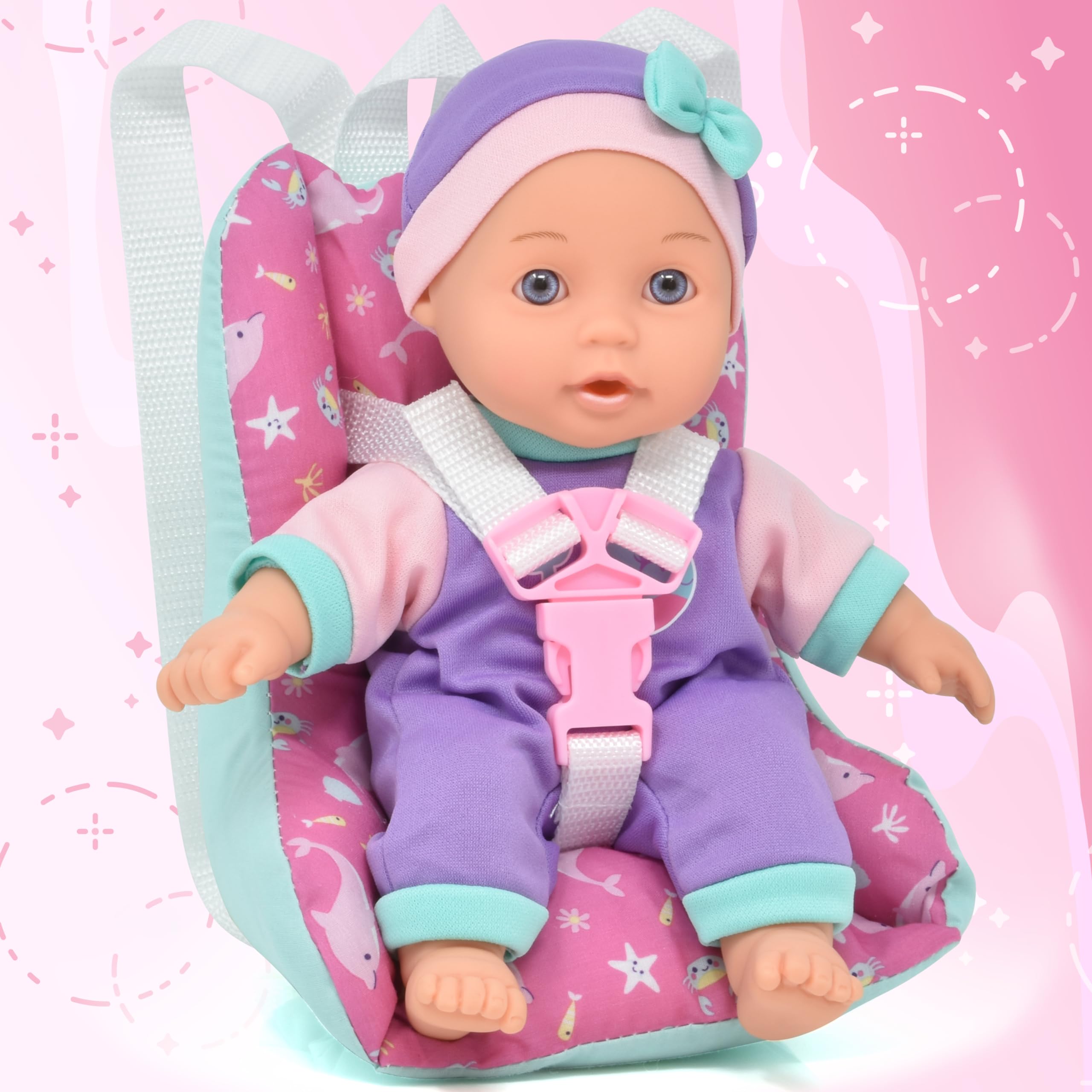 Gift Boutique Soft Body Baby Doll for Toddlers with Take Along Doll Backpack Carrier Accessories, Interactive 10 Inch Infant Doll with Car Booster Seat for Girls 2 3 4 5 Year Old