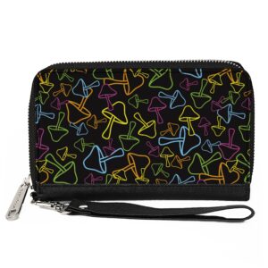 Buckle-Down Wallet, Zip Around, Mushroom Outlines Scattered Black Multi Neon, Vegan Leather