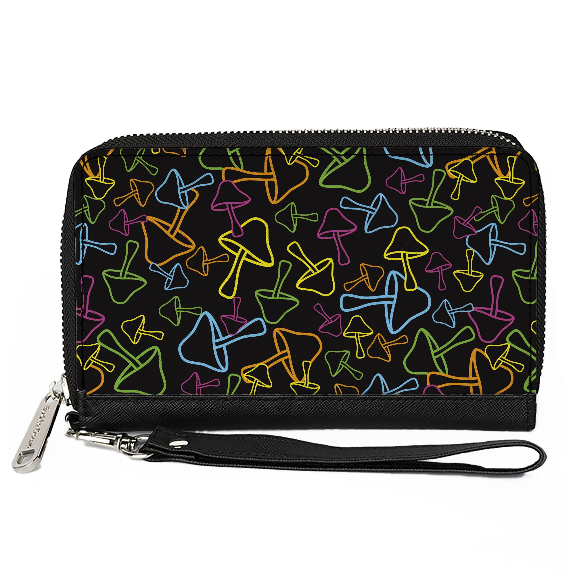 Buckle-Down Wallet, Zip Around, Mushroom Outlines Scattered Black Multi Neon, Vegan Leather