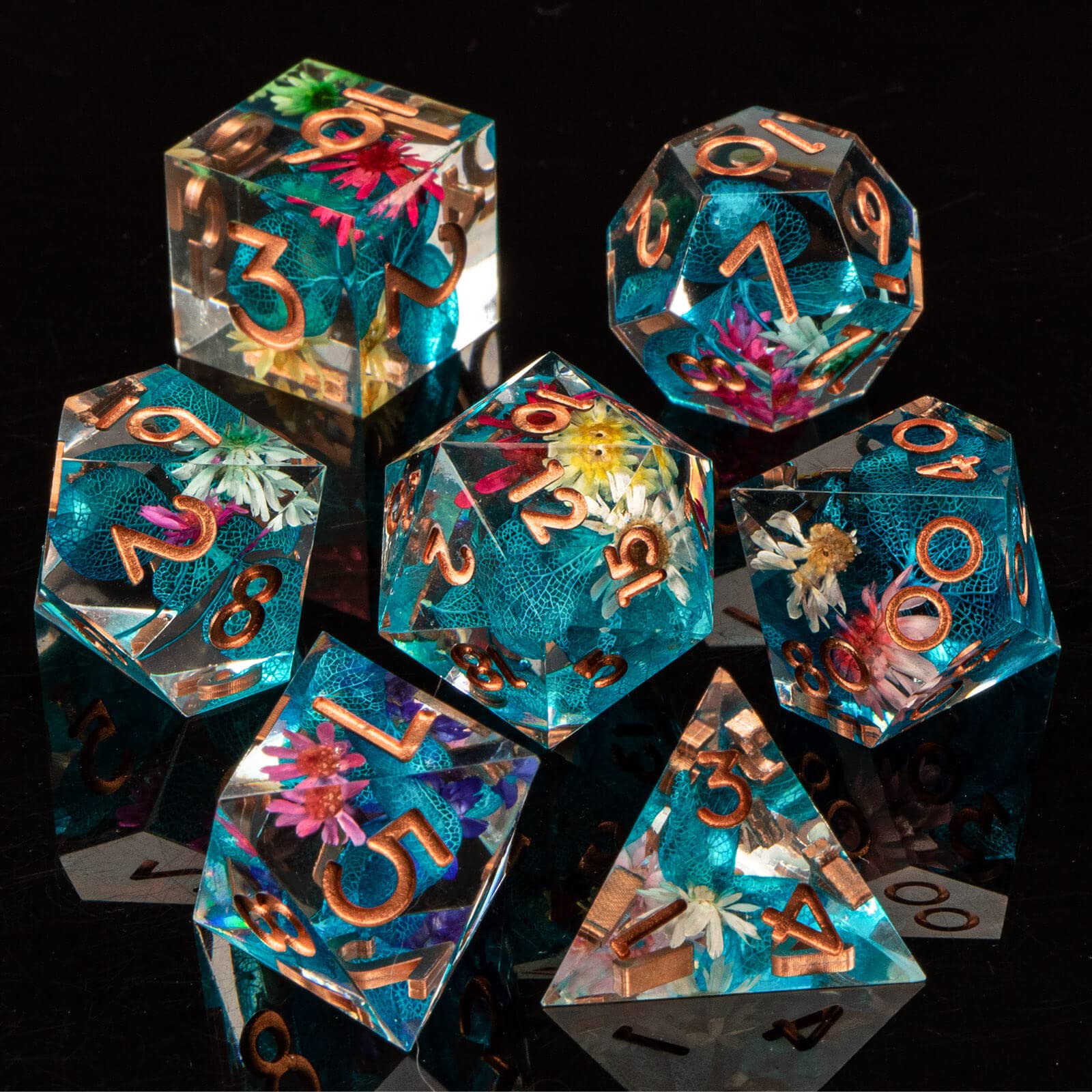 KERWELLSI DND Sharp Edge Dice Set, 7 Piece Resin Dice Set, Polyhedral Dice Set for Dungeons and Dragons Dice, Flower D&D Dice Set, RPG Role Playing D and D Dice D20 D12 D10 D8 D6 D4 with Box