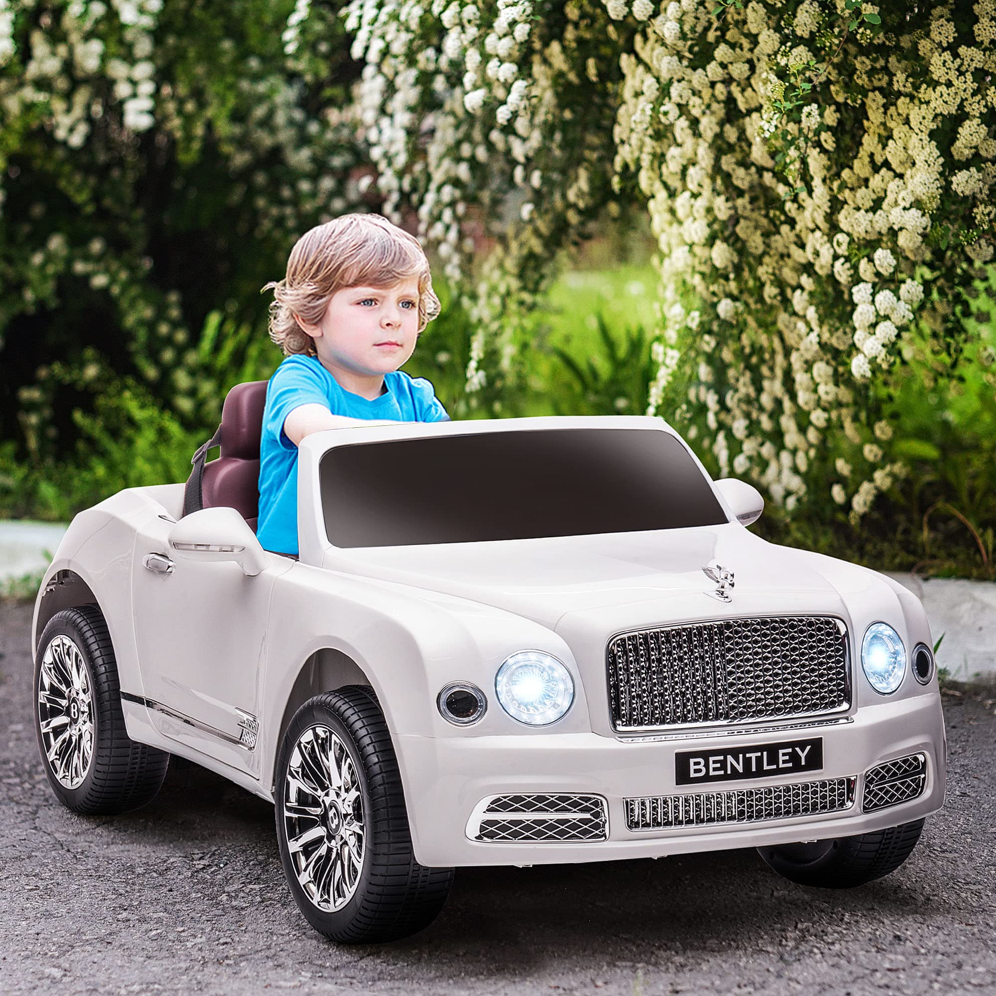 Aosom Bentley Mulsanne 12V Ride on Car, Battery Powered Car with Remote Control, Suspension, Startup Sound, LED Lights, MP3, Horn, Music, Forward and Backward, 2 Motors, White