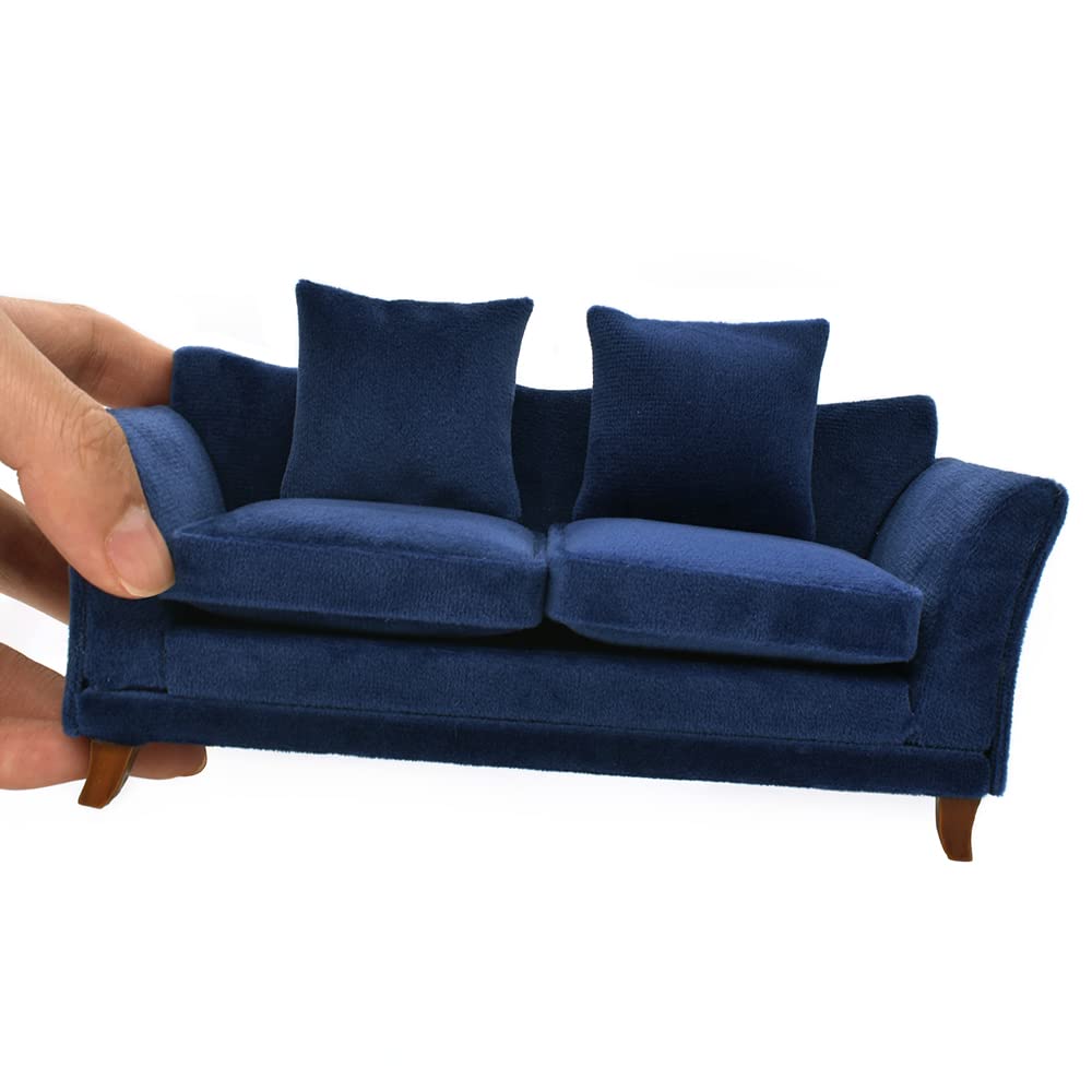 iLAND Modern Dollhouse Furniture on 1/12 Scale of Miniature Sofa for Dollhouse Living Room (Dark Blue Velvet)