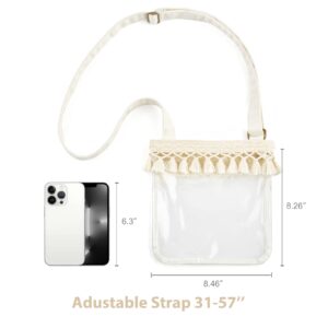 Mkono Clear Bag Stadium Approved Boho Clear Crossbody Purse with Macrame Tassel PVC Transparent Shoulder Bag for Concerts, Festivals, Gym or Work