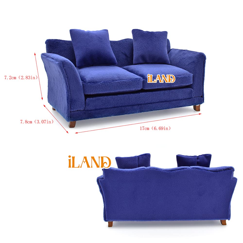 iLAND Modern Dollhouse Furniture on 1/12 Scale of Miniature Sofa for Dollhouse Living Room (Dark Blue Velvet)