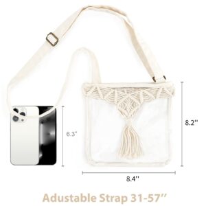 Mkono Clear Bag Stadium Approved Boho Clear Crossbody Purse with Macrame Tassel PVC Transparent Shoulder Bag for Concerts, Festivals, Gym or Work