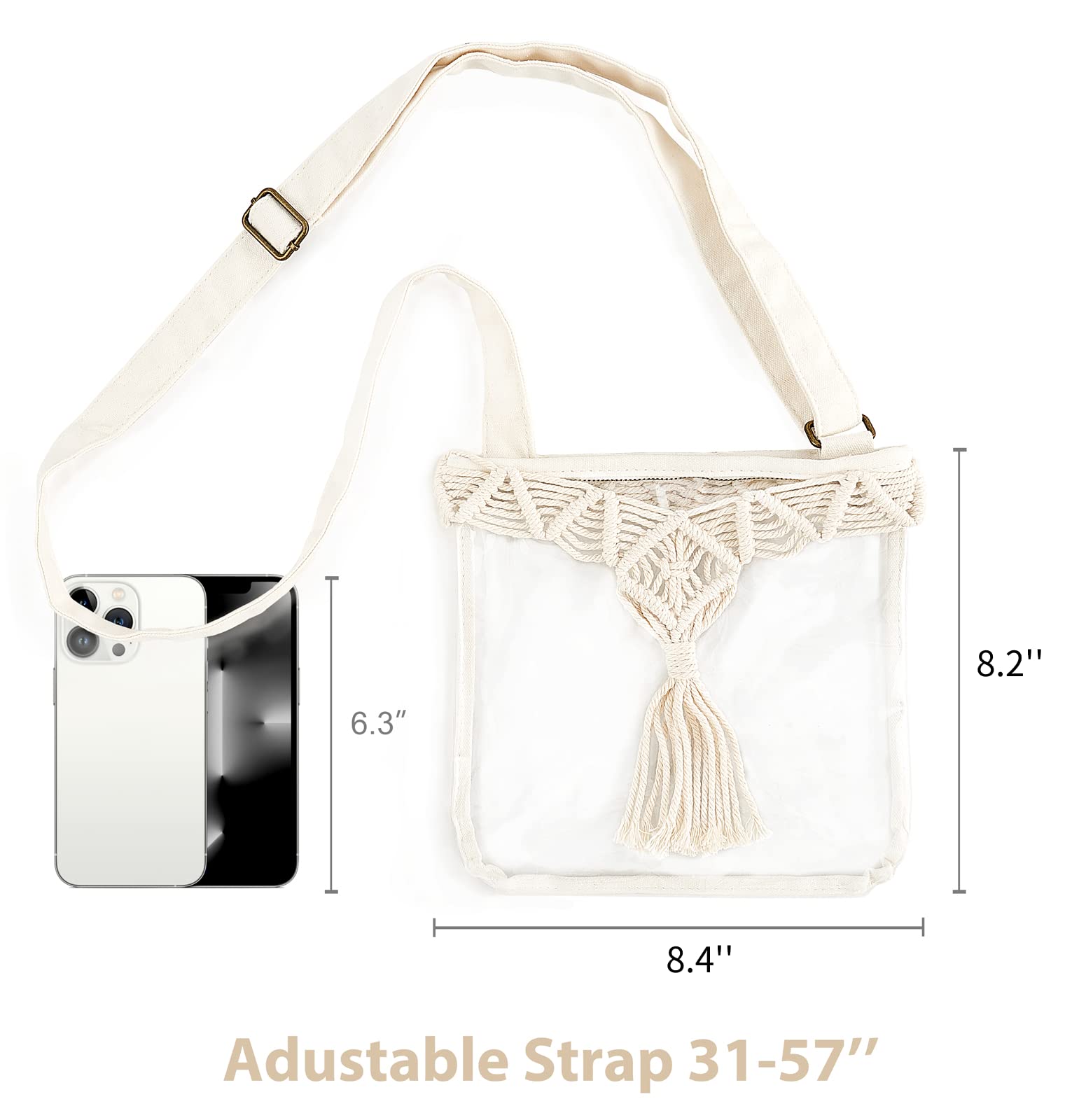 Mkono Clear Bag Stadium Approved Boho Clear Crossbody Purse with Macrame Tassel PVC Transparent Shoulder Bag for Concerts, Festivals, Gym or Work