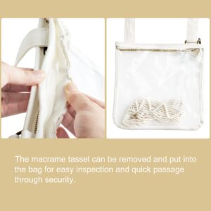 Mkono Clear Bag Stadium Approved Boho Clear Crossbody Purse with Macrame Tassel PVC Transparent Shoulder Bag for Concerts, Festivals, Gym or Work