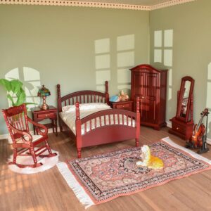 iland vintage dollhouse furniture 1/12 scale, dollhouse bedroom furniture in mahogany color incl dollhouse bed & mirror full length & wardrobe & bedside table & rocking chair (brewster 7pcs)