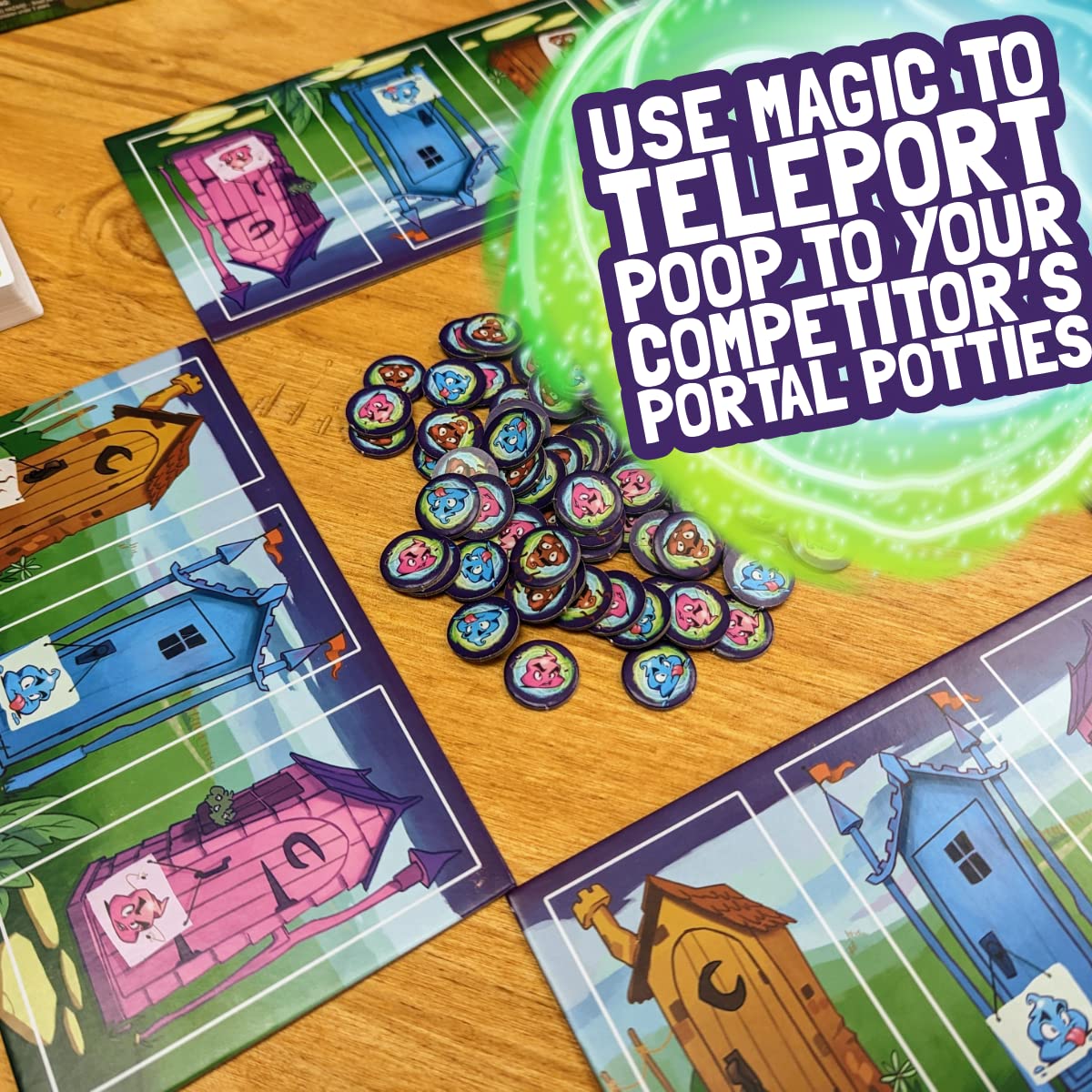 Rookie Mage Games Portal Potties - Funny Last Wizard Standing Board Games for Adults & Kids - Includes Playing Cards, Poop Emoji Tokens, Colorful Potty Boards - 2 to 4 Players, Ages 7+