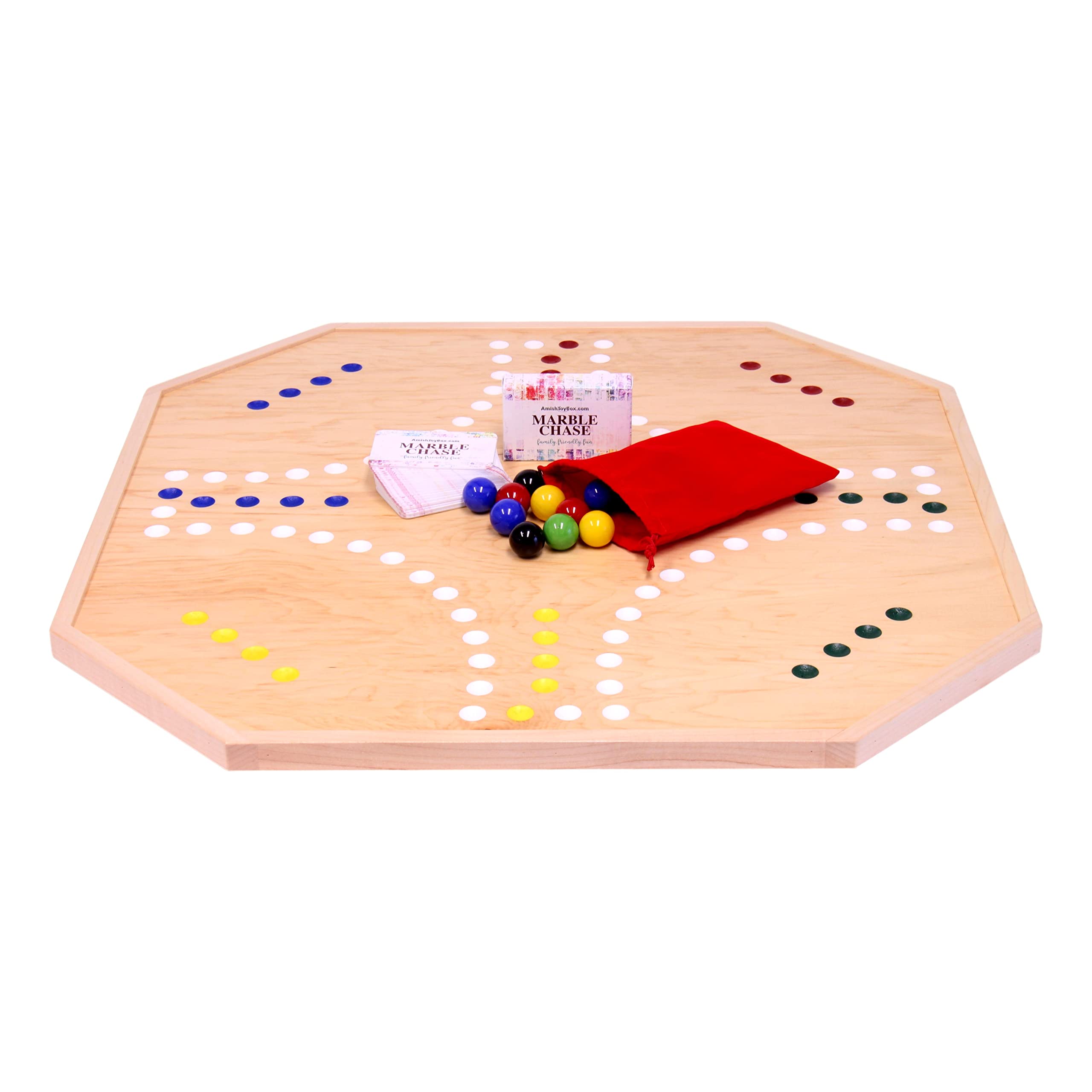 AmishToyBox.com Wooden Marble Chase (Cards N' Marbles) Board Game Set - Large 25" Wide Board - Double-Sided - Includes 1" Marbles and Playing Cards