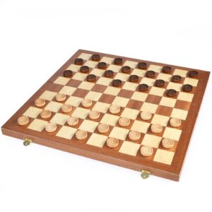 vamslove 15inch checkers folding wooden game set, 100 square checkerboard international checkers draughts board 10x10 for kids with pieces storage slots (instructions included)