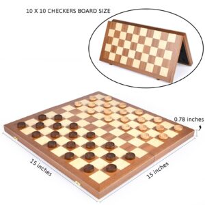 VAMSLOVE 15inch Checkers Folding Wooden Game Set, 100 Square Checkerboard International Checkers Draughts Board 10x10 for Kids with Pieces Storage Slots (Instructions Included)