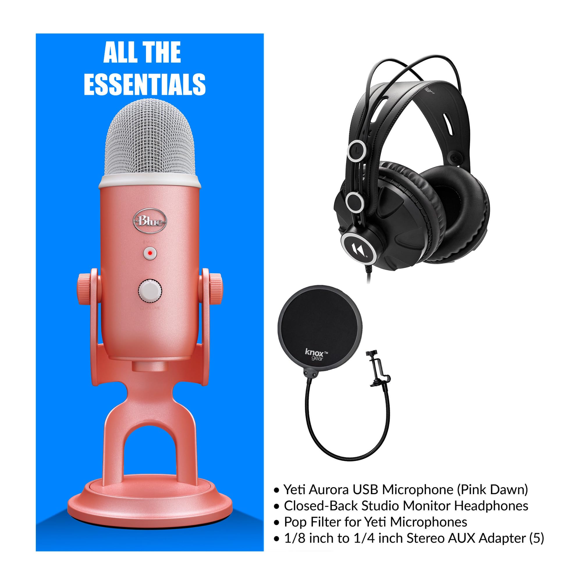 Blue Microphones Yeti USB Microphone Aurora Collection (Pink Dawn) Bundle with Monitor Headphones and Pop Filter (3 Items)