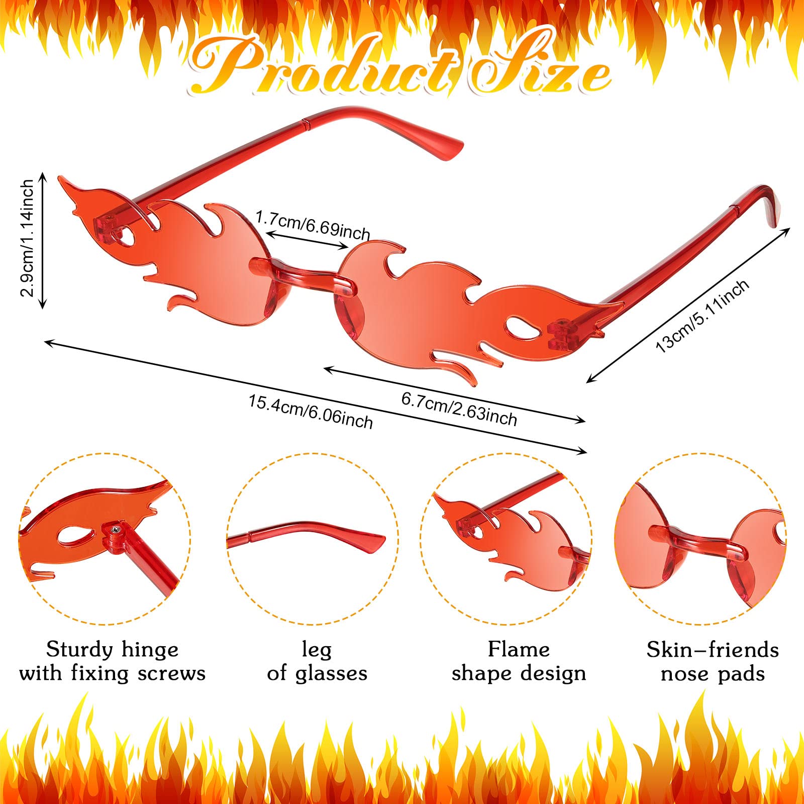 EBOOT 8 Pairs Fire Flame Glasses Rimless Fire Flame Sunglasses for Women Men Summer Beach Wedding Accessory (Red)