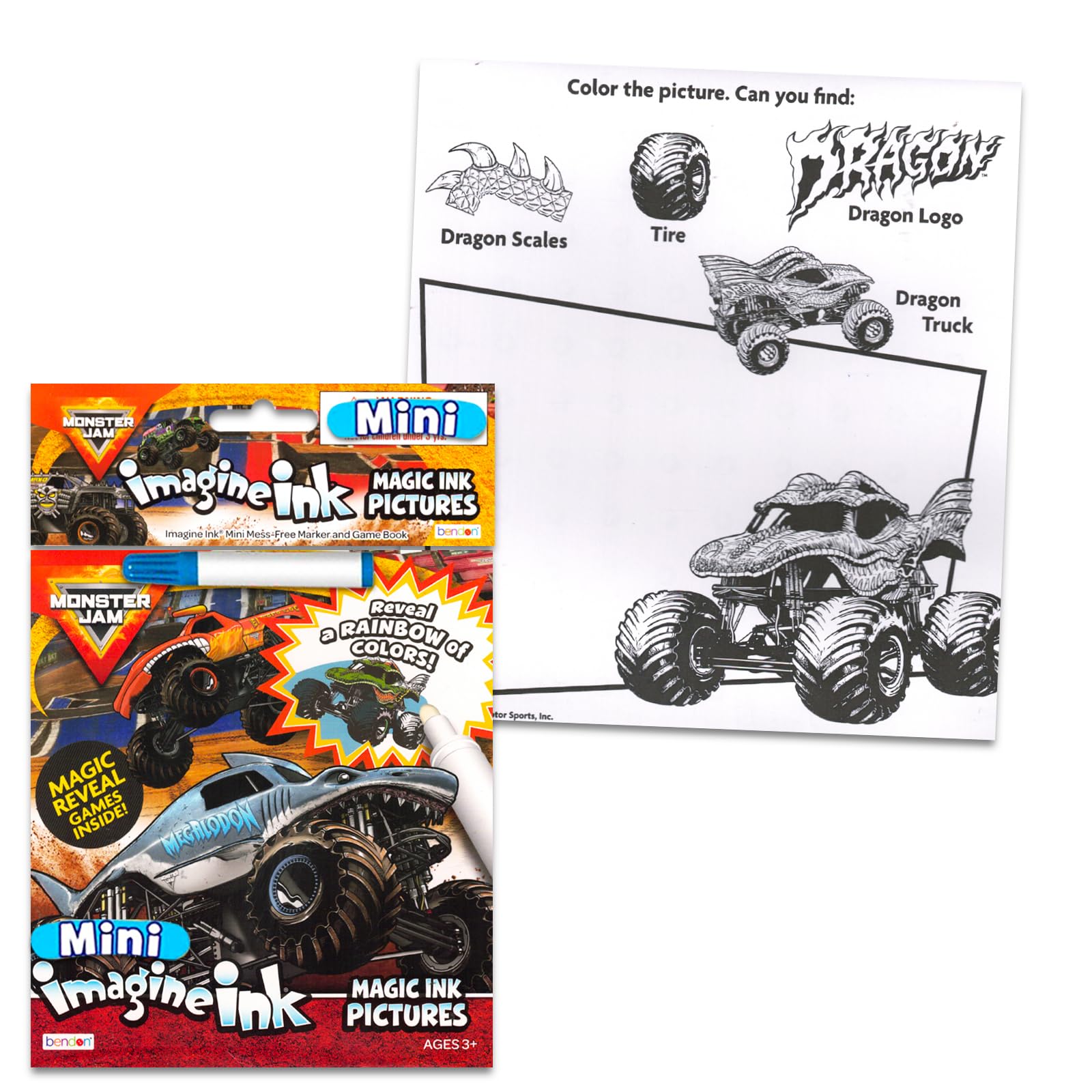 Monster Jam and Hot Wheels Magic Ink Coloring Book Set Kids Toddlers - Bundle with 2 Imagine Ink Coloring Books with Invisible Ink Pens, Racecar Stickers and Door Hanger