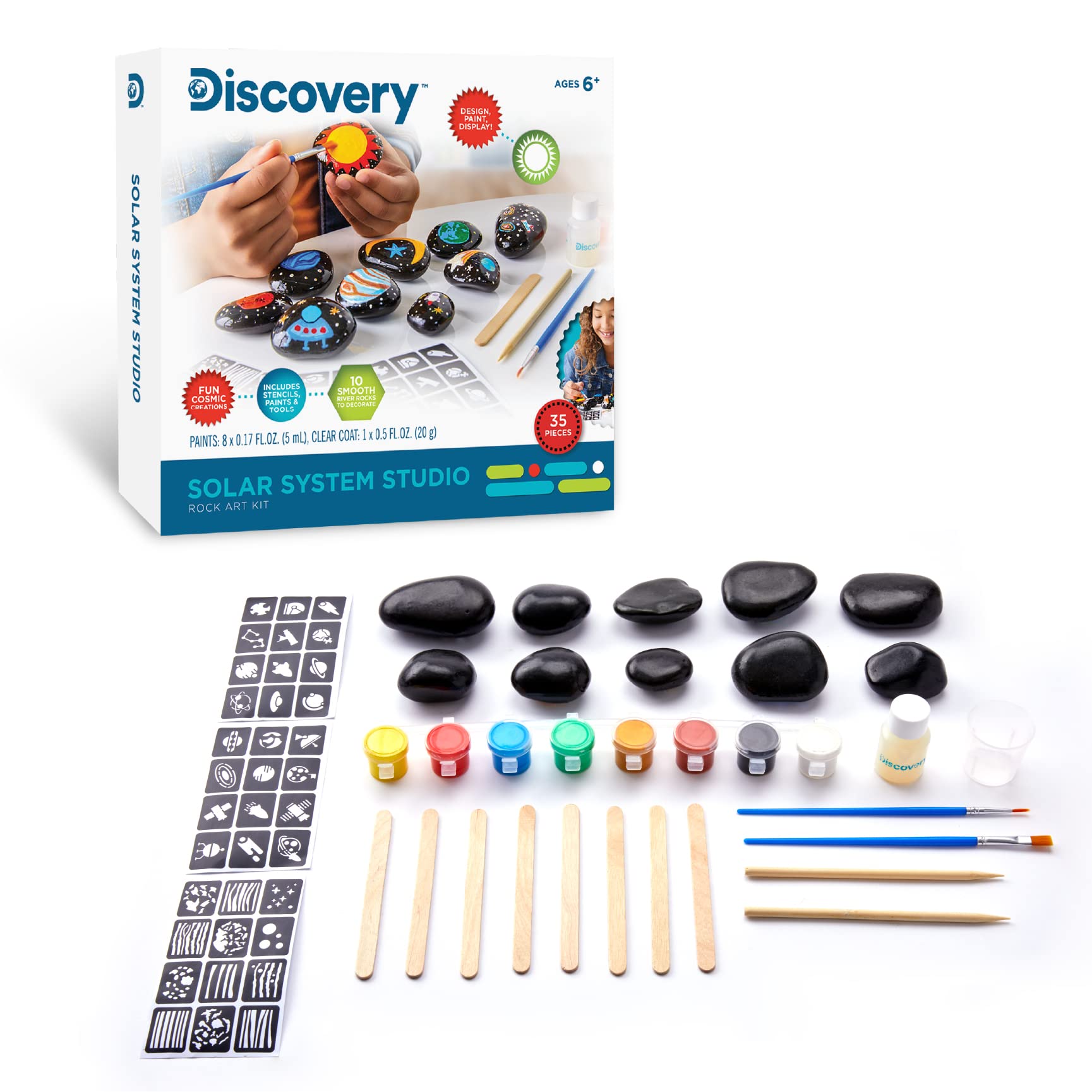 Discovery Kids Solar System Rock Art Studio, Includes 8 Metallic Acrylic Paints & 10 Smooth River Rocks, STEM Learning Activity Set, DIY Arts & Crafts Painting Bundle, 35-Piece, Age 5+