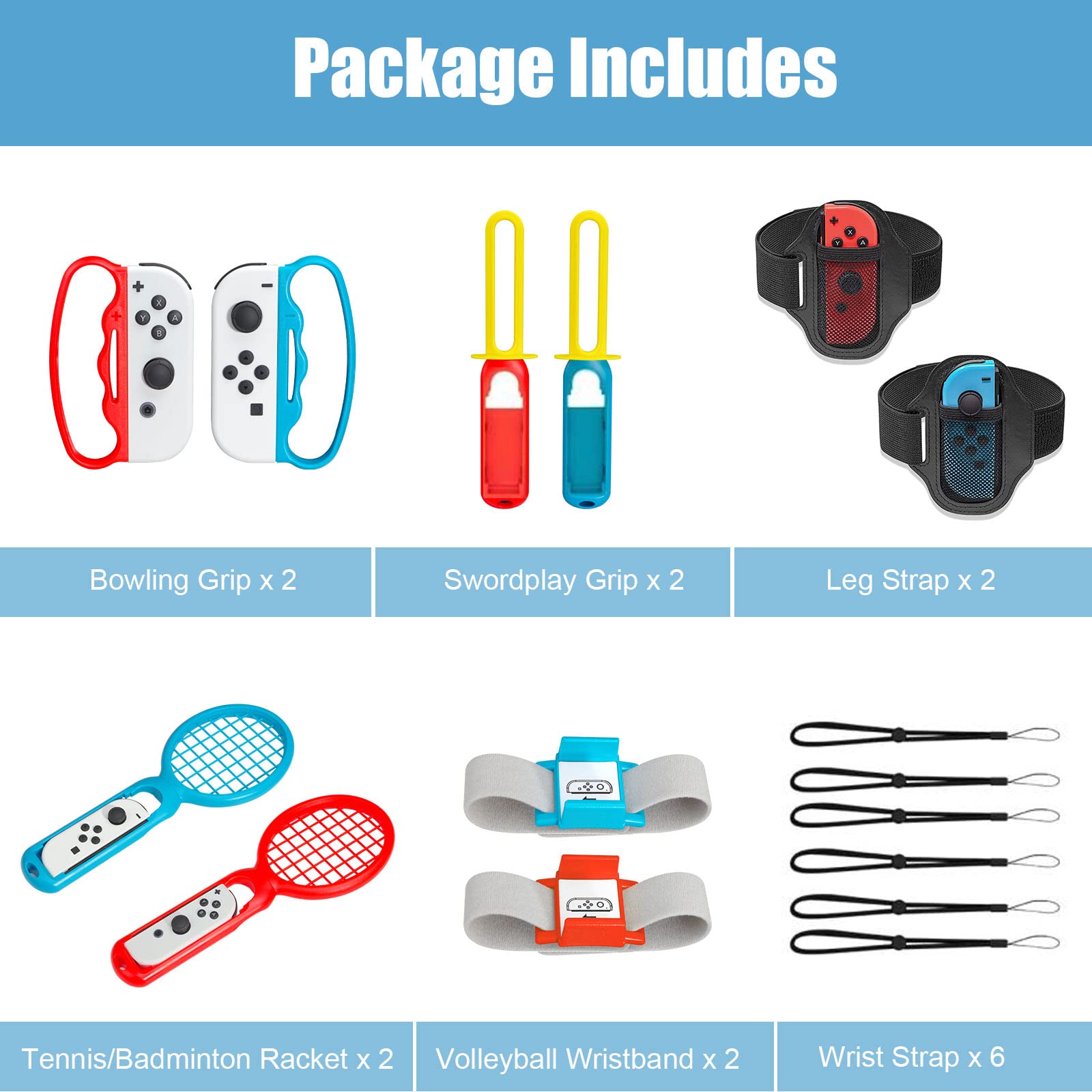 JoyHood Switch Sports Game Accessories Bundle fits Switch/Switch OLED, 10 in 1 Family Party Sports Game Accessories Kit for Joy-Con Controller, Gifts for Kids & Adults