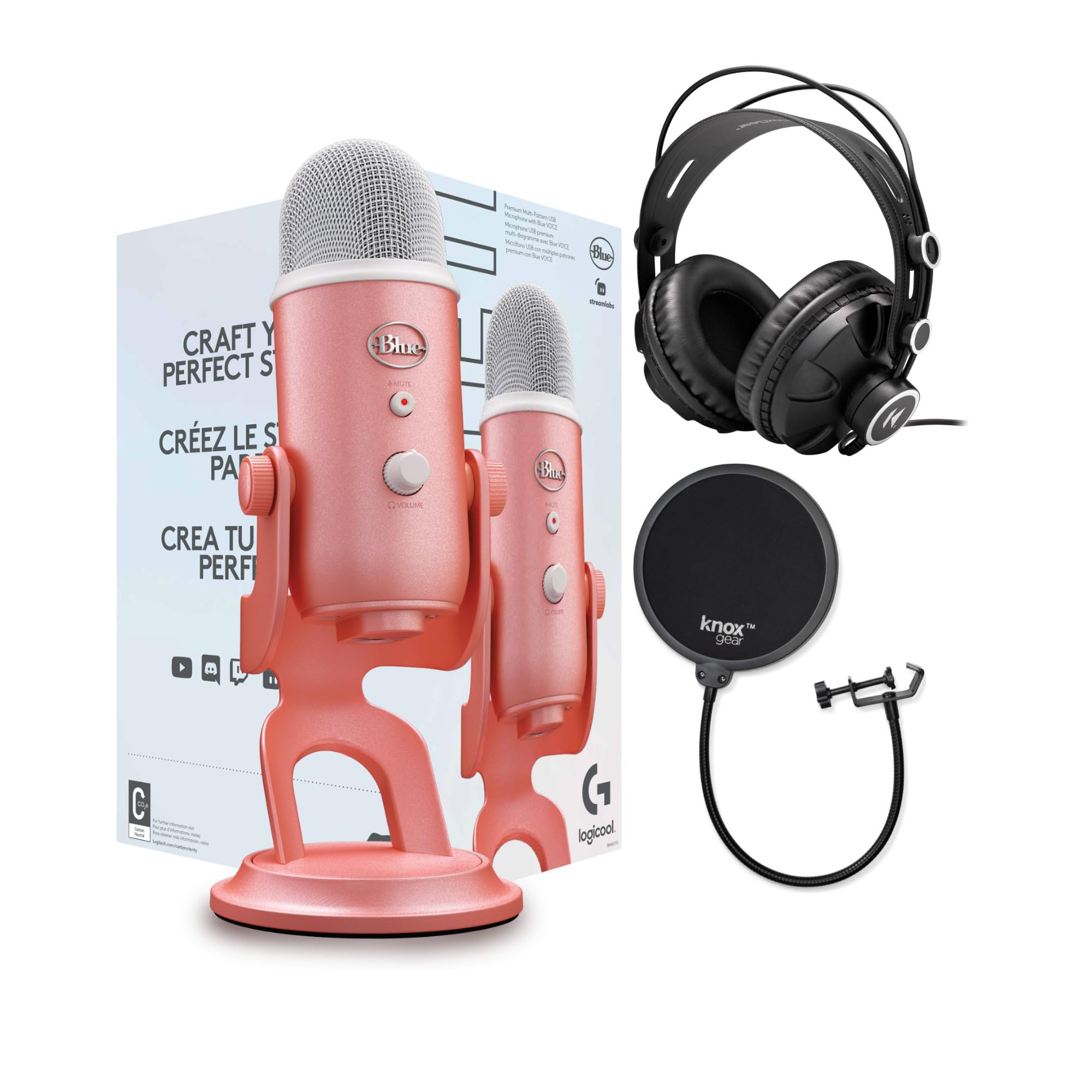 Blue Microphones Yeti USB Microphone Aurora Collection (Pink Dawn) Bundle with Monitor Headphones and Pop Filter (3 Items)