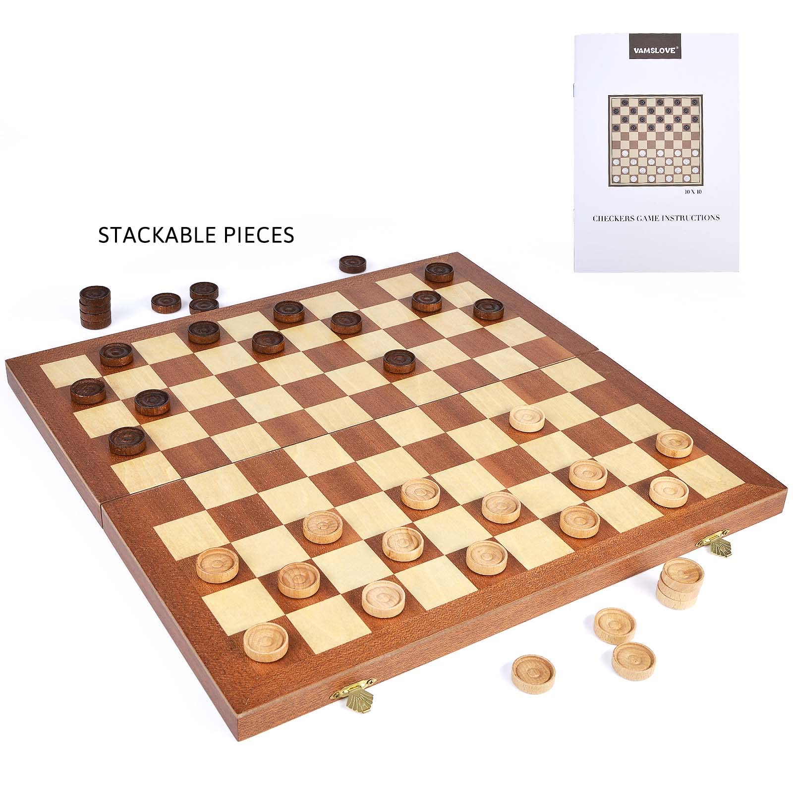 VAMSLOVE 15inch Checkers Folding Wooden Game Set, 100 Square Checkerboard International Checkers Draughts Board 10x10 for Kids with Pieces Storage Slots (Instructions Included)