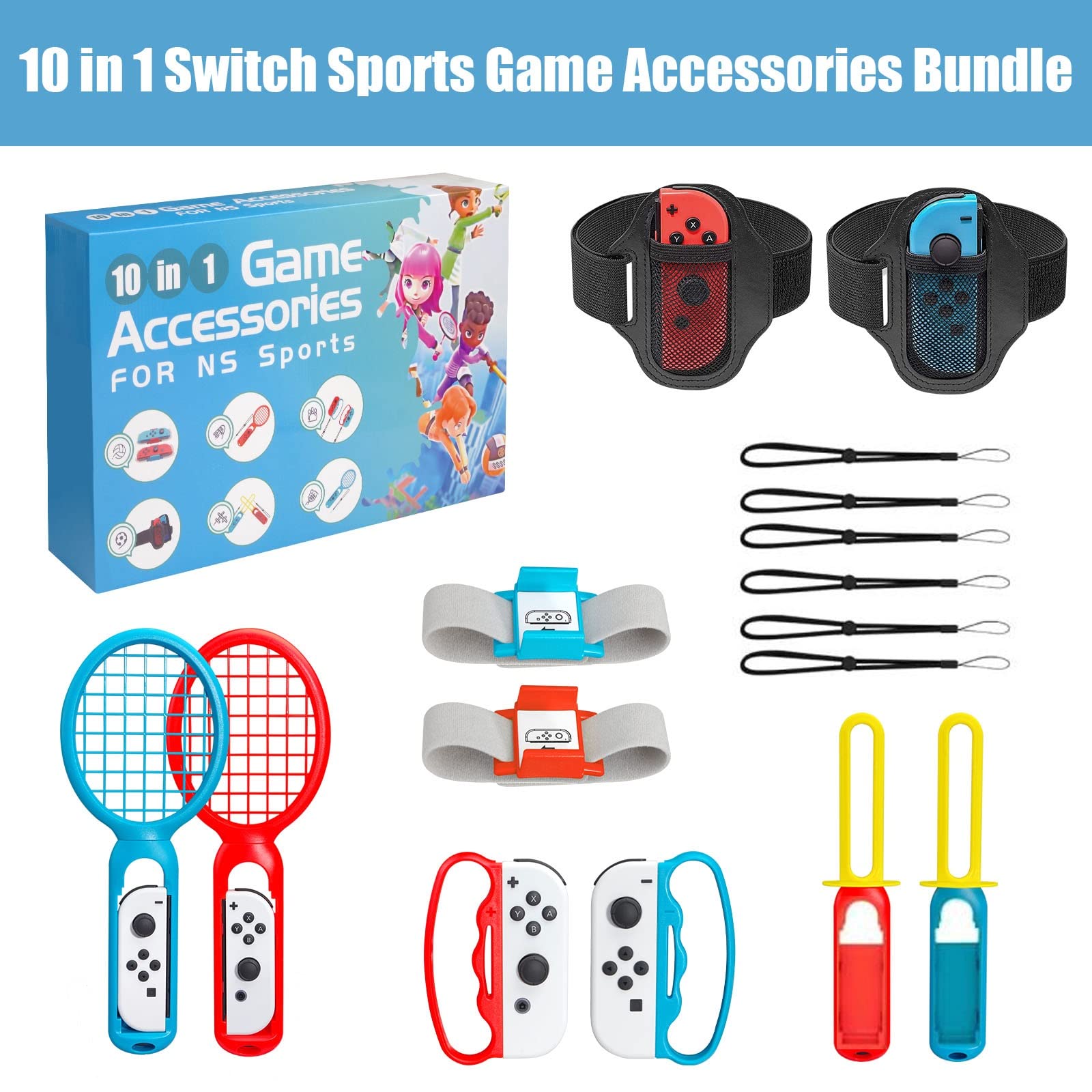 JoyHood Switch Sports Game Accessories Bundle fits Switch/Switch OLED, 10 in 1 Family Party Sports Game Accessories Kit for Joy-Con Controller, Gifts for Kids & Adults