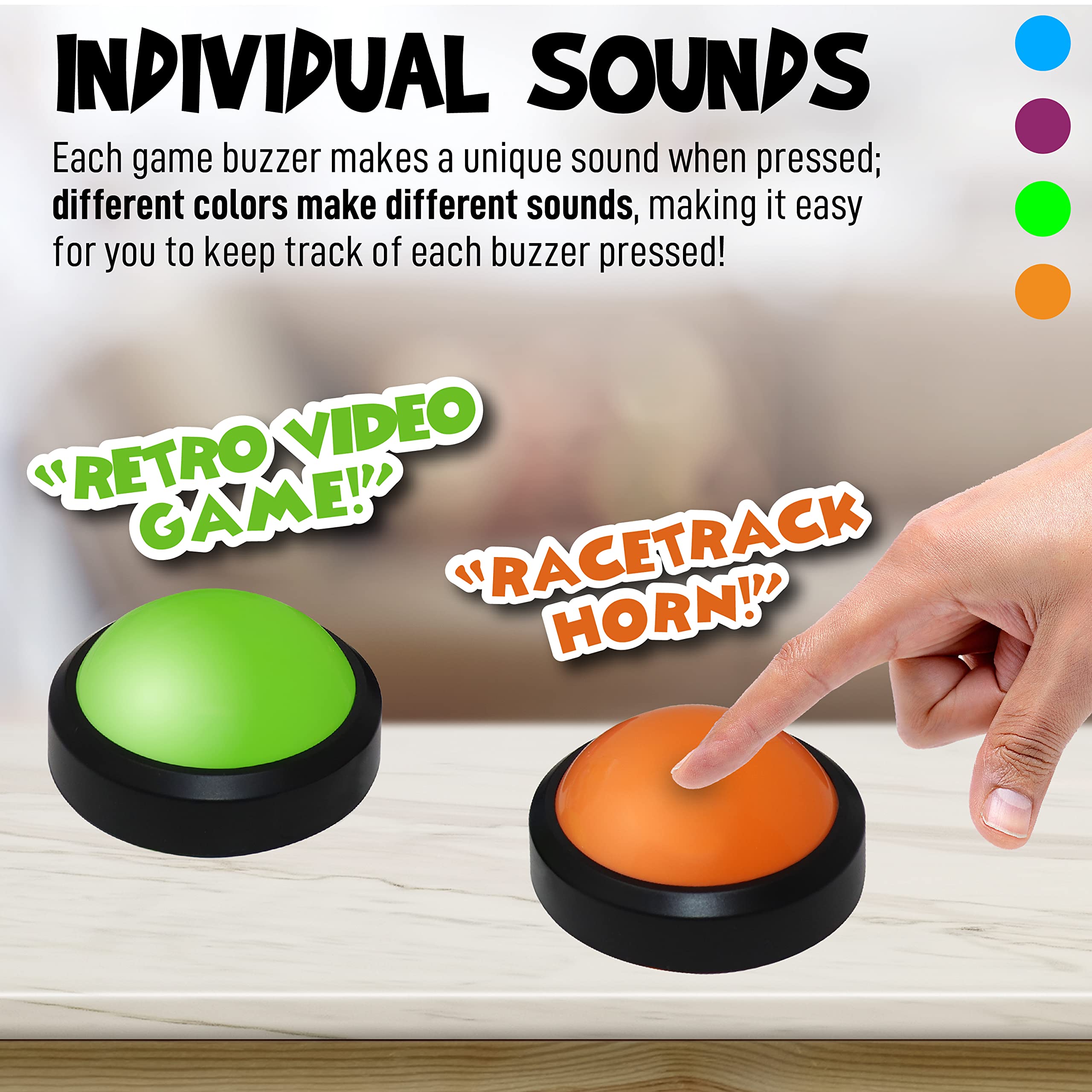 Teacher's Choice 4 Pack Game Buzzers with Unique Loud Sounds for Each Buzzer | Great for Trivia Games, Family Feud, Jeopardy, Competition, Spelling Bees and more